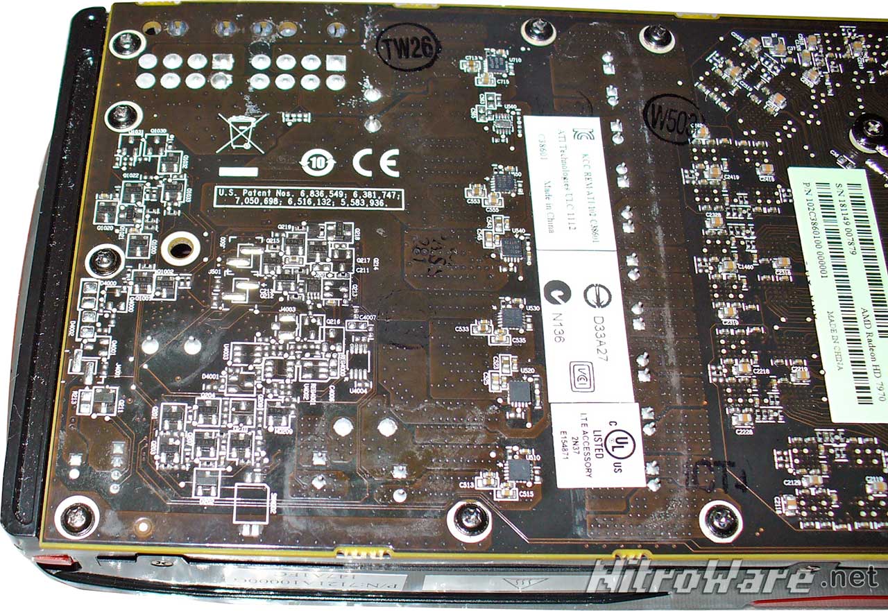 Power supply - rear side. Note the solder pads for extra components to support alternate versions. and the clusters of components  in a circular direction that support the 3GB of GDDR5 memory