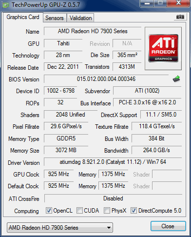 GPU-Z 0.5.7 displaying GPU specs