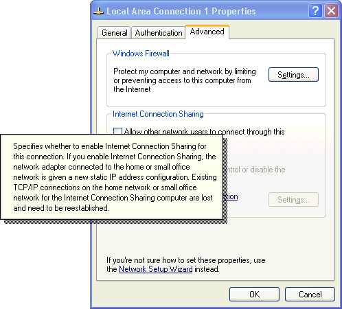 Windows XP ICS Setup, showing descriptive tooltip