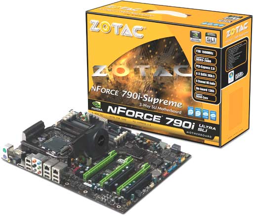 NVIDIA 790i Ultra SLI Motherboard, a contemporary enthusiast grade mainbord with integrated dual Gigabit Ethernet ports - 2008. Image Courtesy of Zotac International.