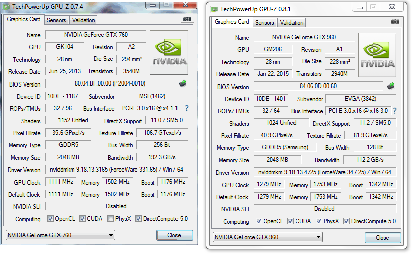 GPU-Z comparison - MSI HAWK GTX 760 v EVGA GTX 960 SSC