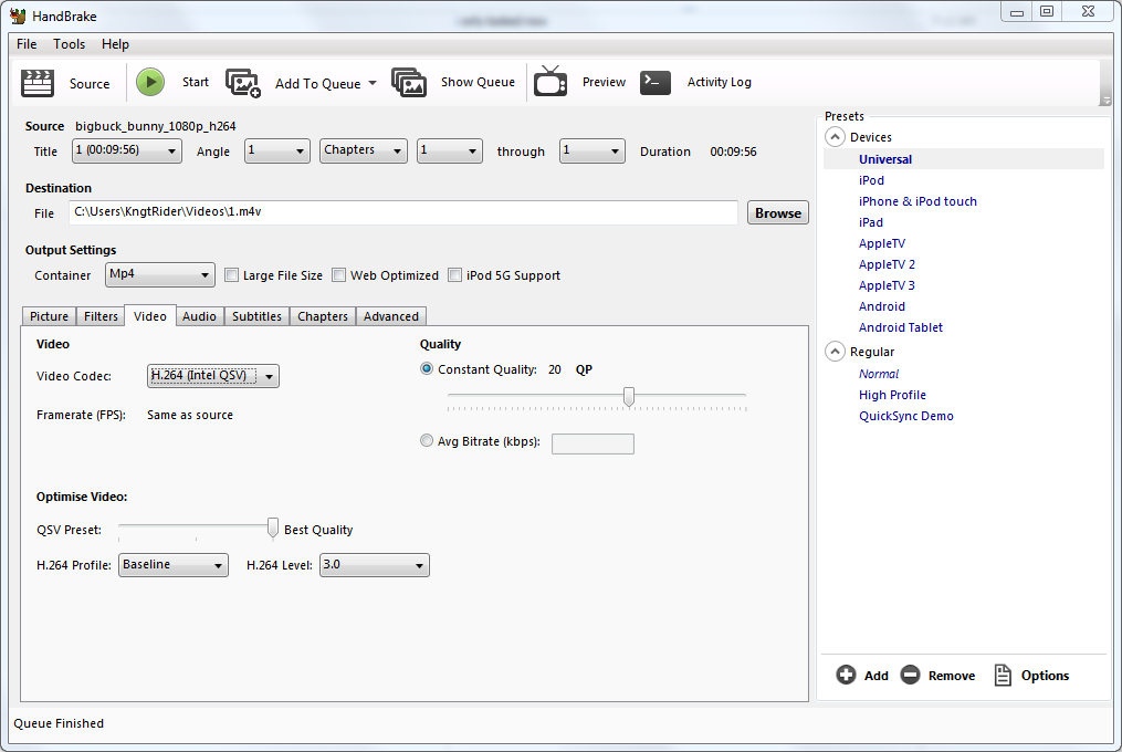 Handbrake with Quicksync selected