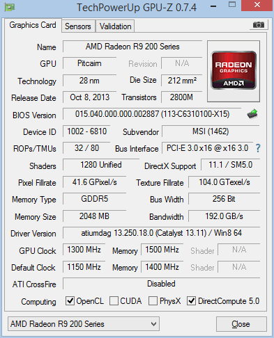 MSI AMD RADEON R9 270X  HAWK overclock 1300 MHz GPU-Z