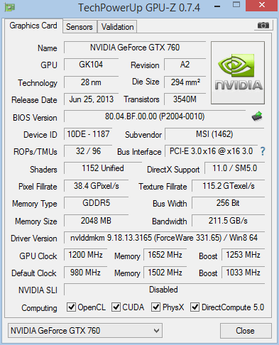 MSI NVIDIA GEFORCE GTX 760 HAWK overclock 1200 MHz GPU-Z