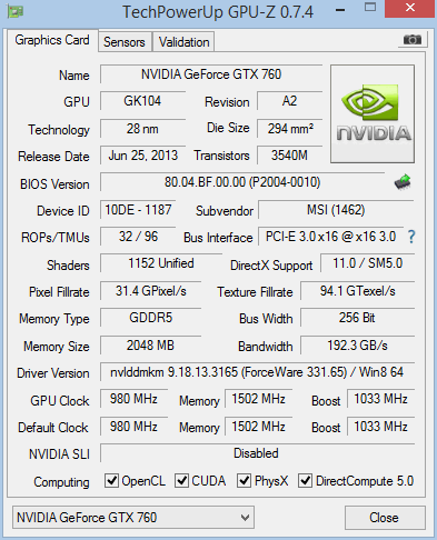 MSI GTX 760 HAWK LN2 Mode GPU-Z