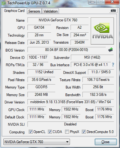 MSI GTX 760 HAWK Default GPU-Z