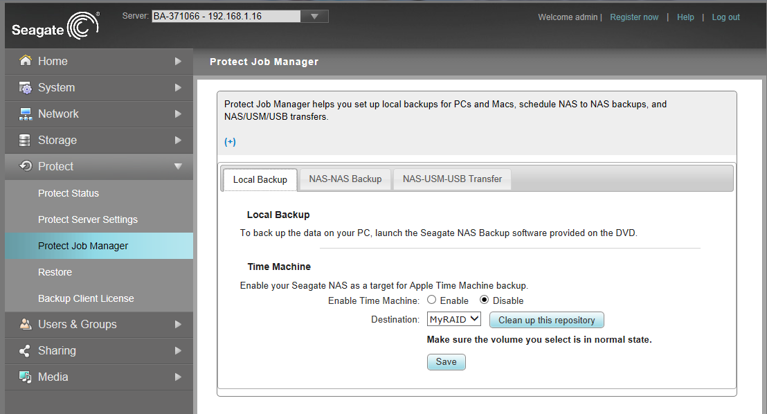 Seagate Business NAS interface